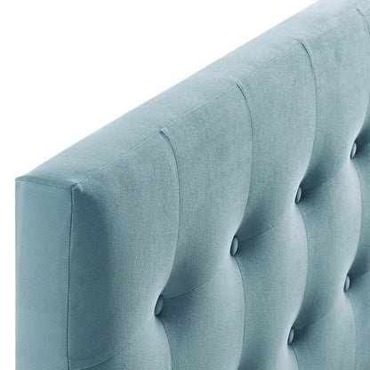 Light blue biscuit-tufted velvet queen headboard with vertical channels and button accents.