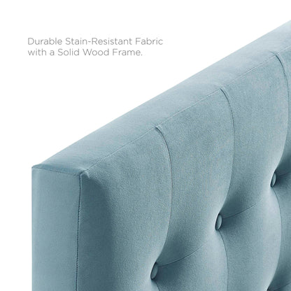 Light blue, stain-resistant performance velvet headboard with biscuit tufting and vertical channels.