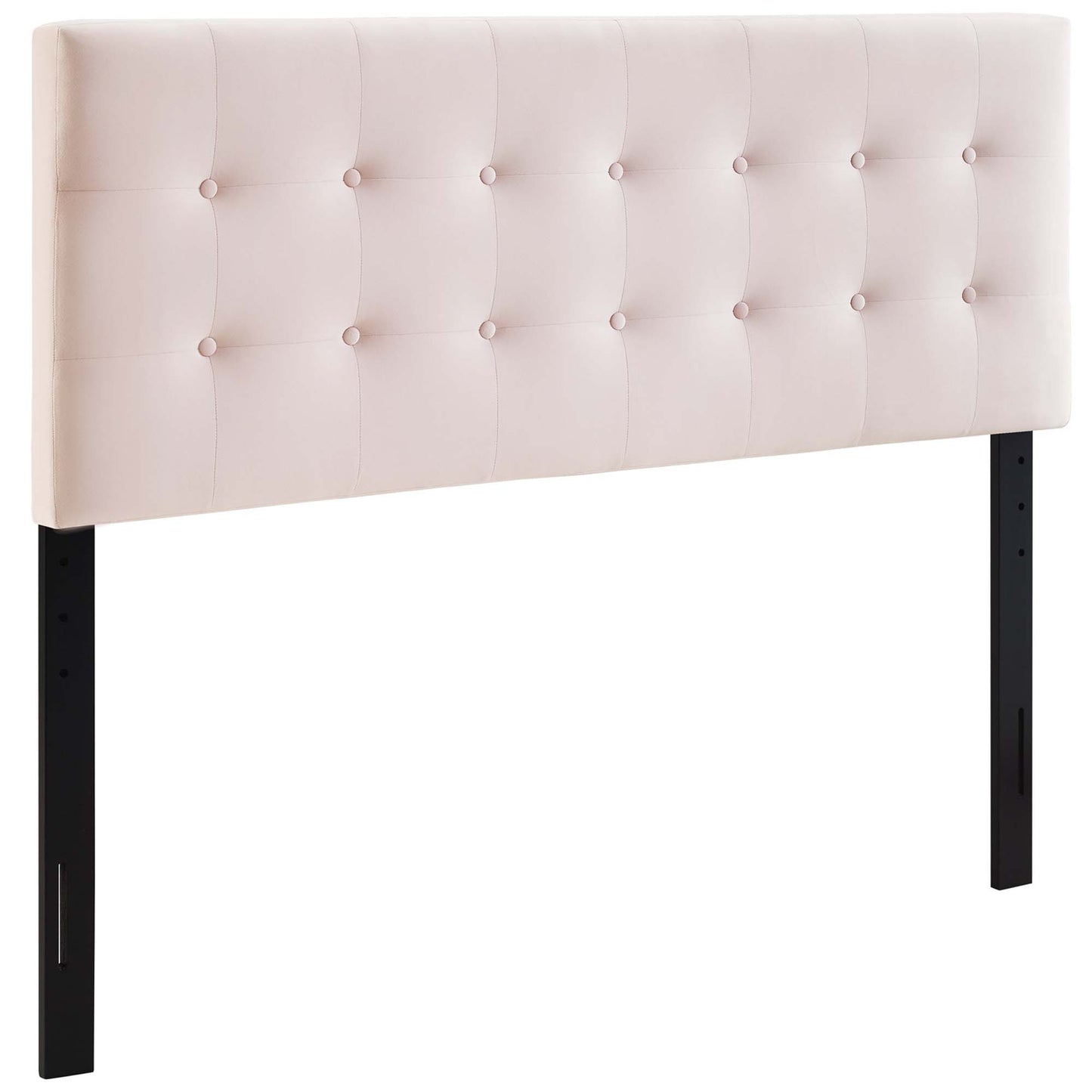 Blush pink tufted upholstered headboard with button details on a rectangular panel and black metal legs.