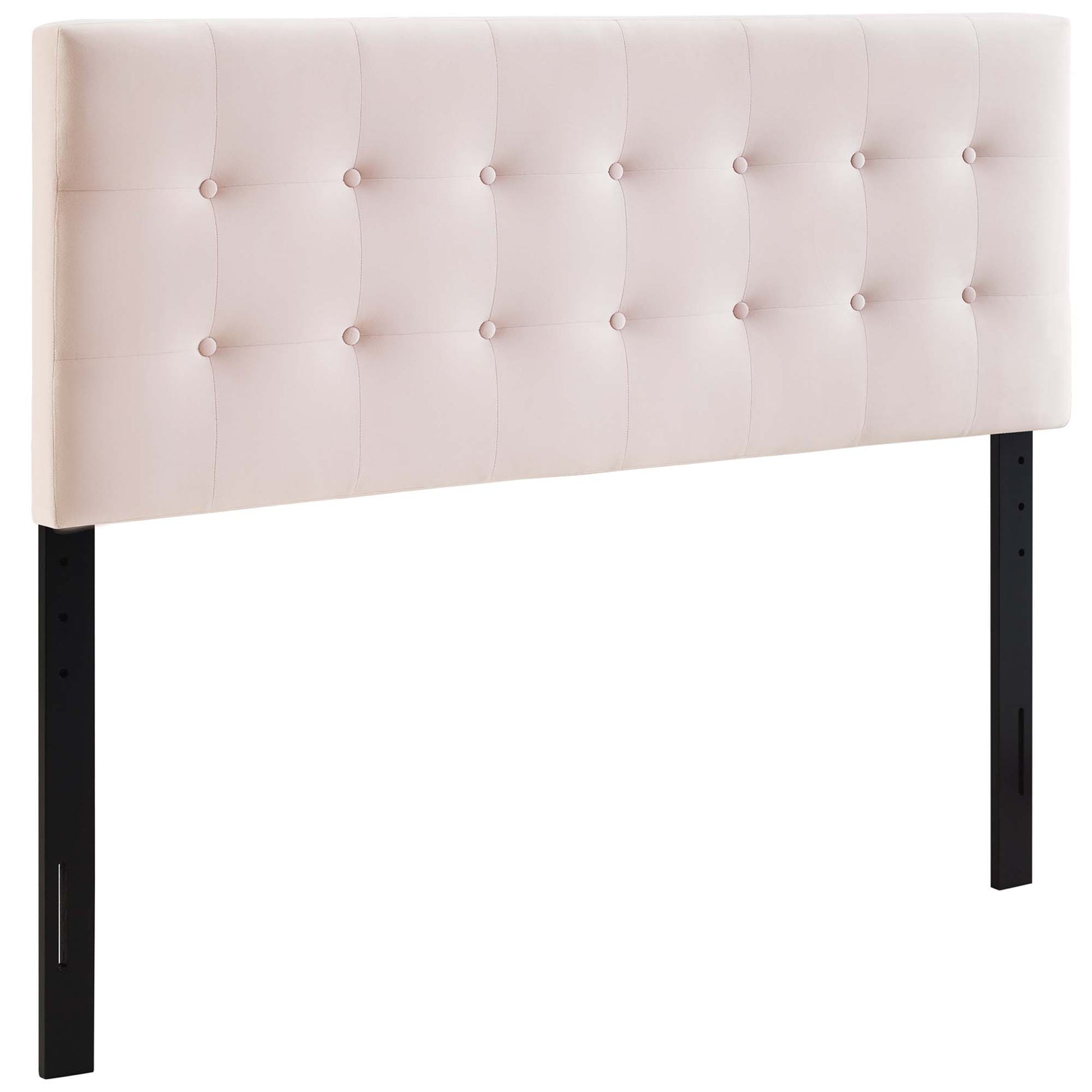Blush pink tufted upholstered headboard with button details on a rectangular panel and black metal legs.