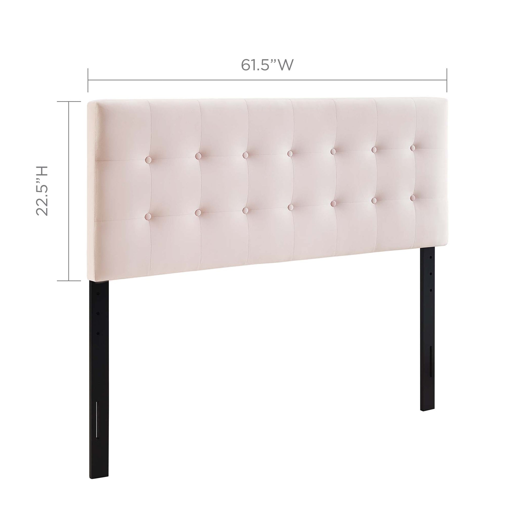 Red biscuit-tufted upholstered queen headboard with button accents, performance velvet, black metal legs, 61.5" W x 22.5" H.