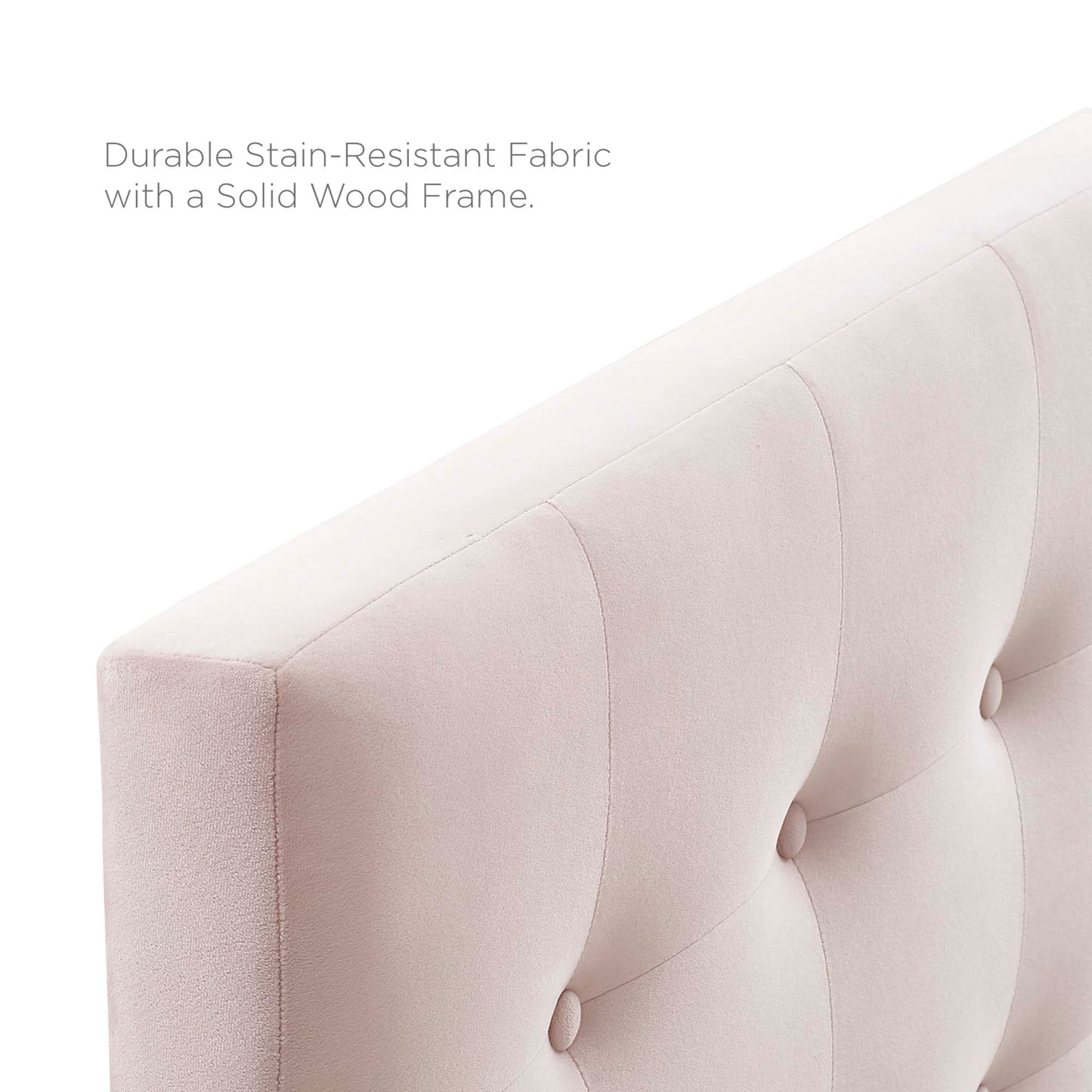 Blush pink biscuit-tufted queen headboard in performance velvet with button-tufted panels; fabric upholstery and solid wood frame.