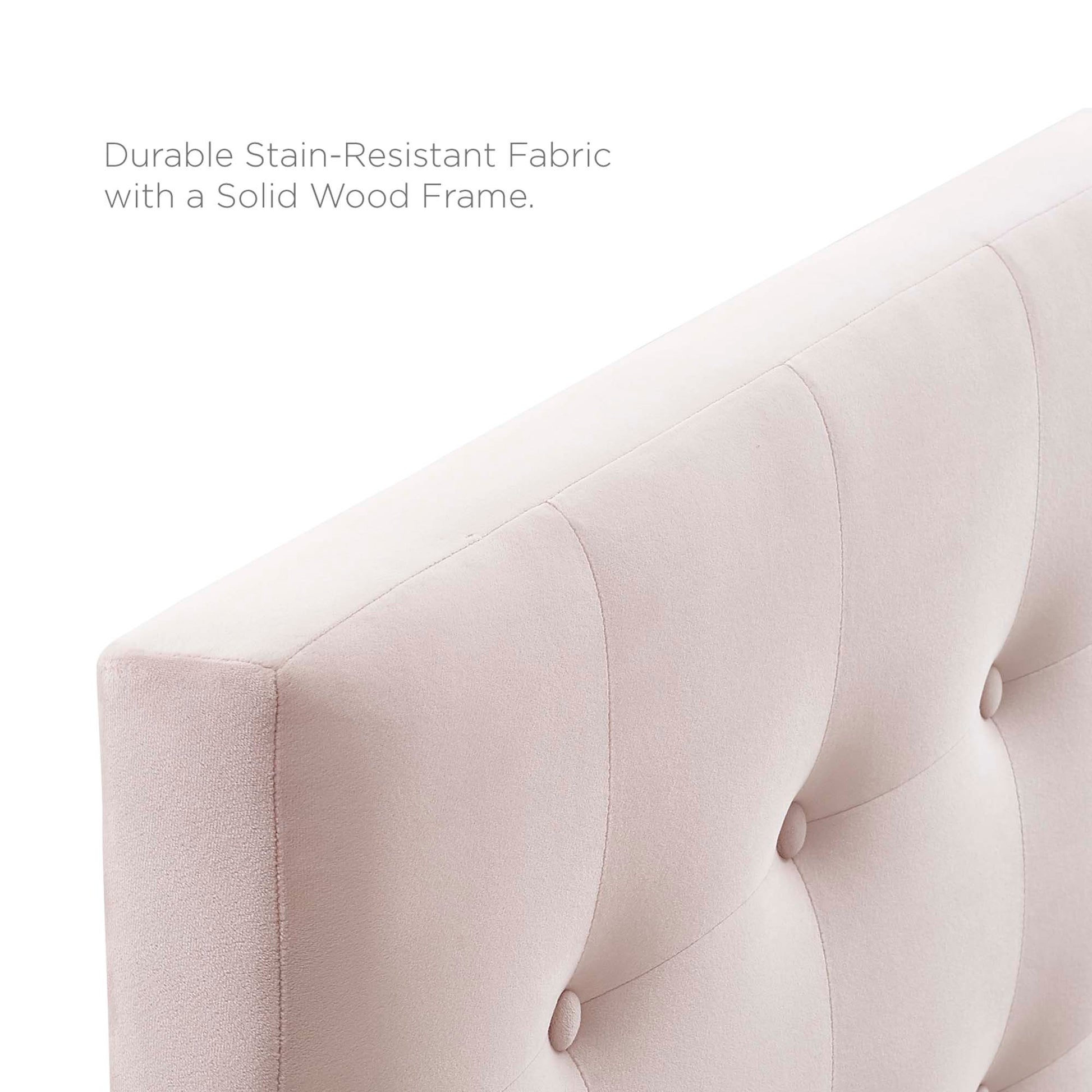Blush pink biscuit-tufted queen headboard in performance velvet with button-tufted panels; fabric upholstery and solid wood frame.