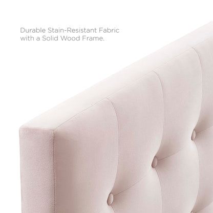 Blush pink biscuit-tufted queen headboard in performance velvet with button-tufted panels; fabric upholstery and solid wood frame.