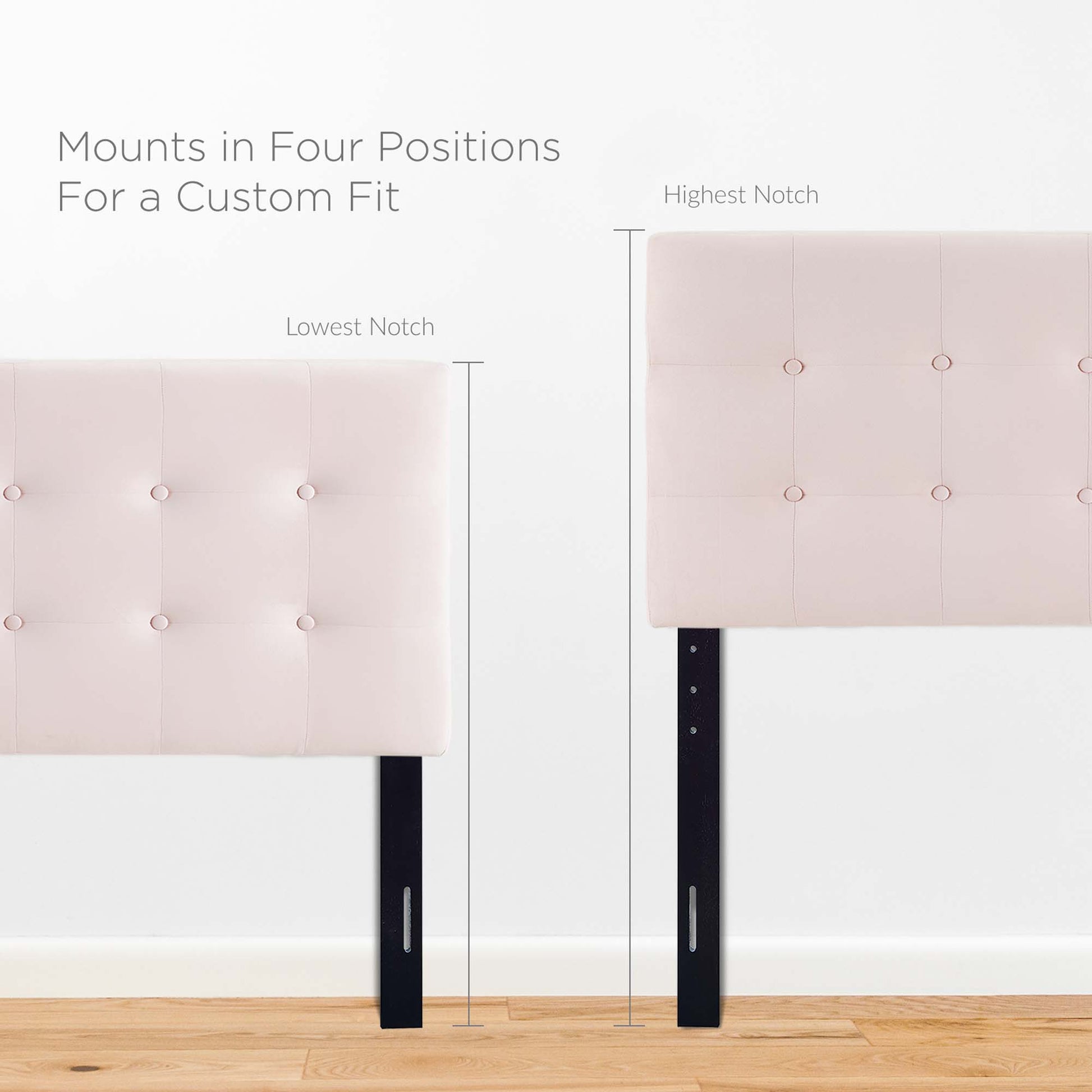 One blush-pink biscuit-tufted performance-velvet queen headboard with four adjustable height positions.