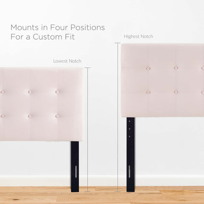 One blush-pink biscuit-tufted performance-velvet queen headboard with four adjustable height positions.