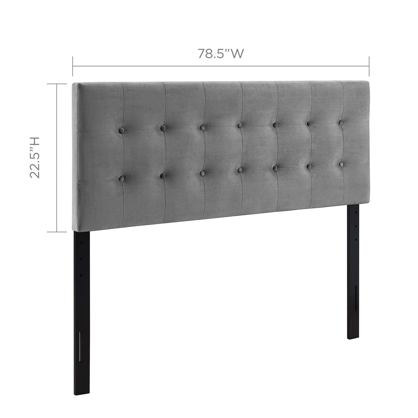 Gray tufted upholstered bed headboard with black wooden legs, rectangular panel, modern style.