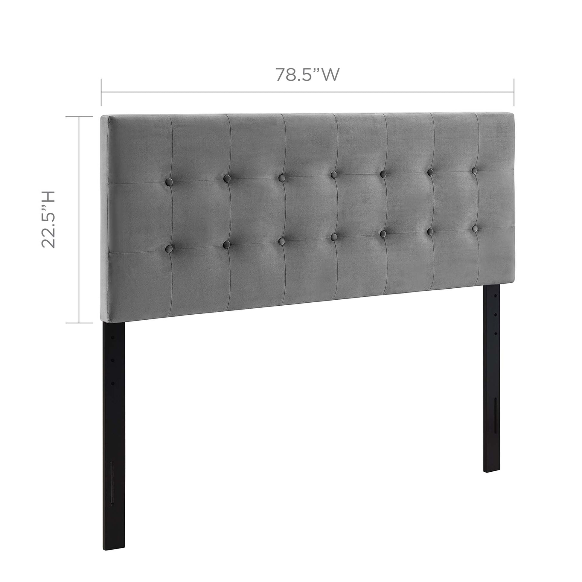 Gray tufted upholstered bed headboard with black wooden legs, rectangular panel, modern style.