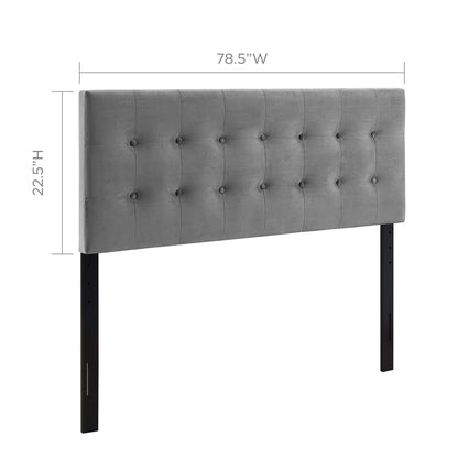 Gray tufted upholstered bed headboard with black wooden legs, rectangular panel, modern style.