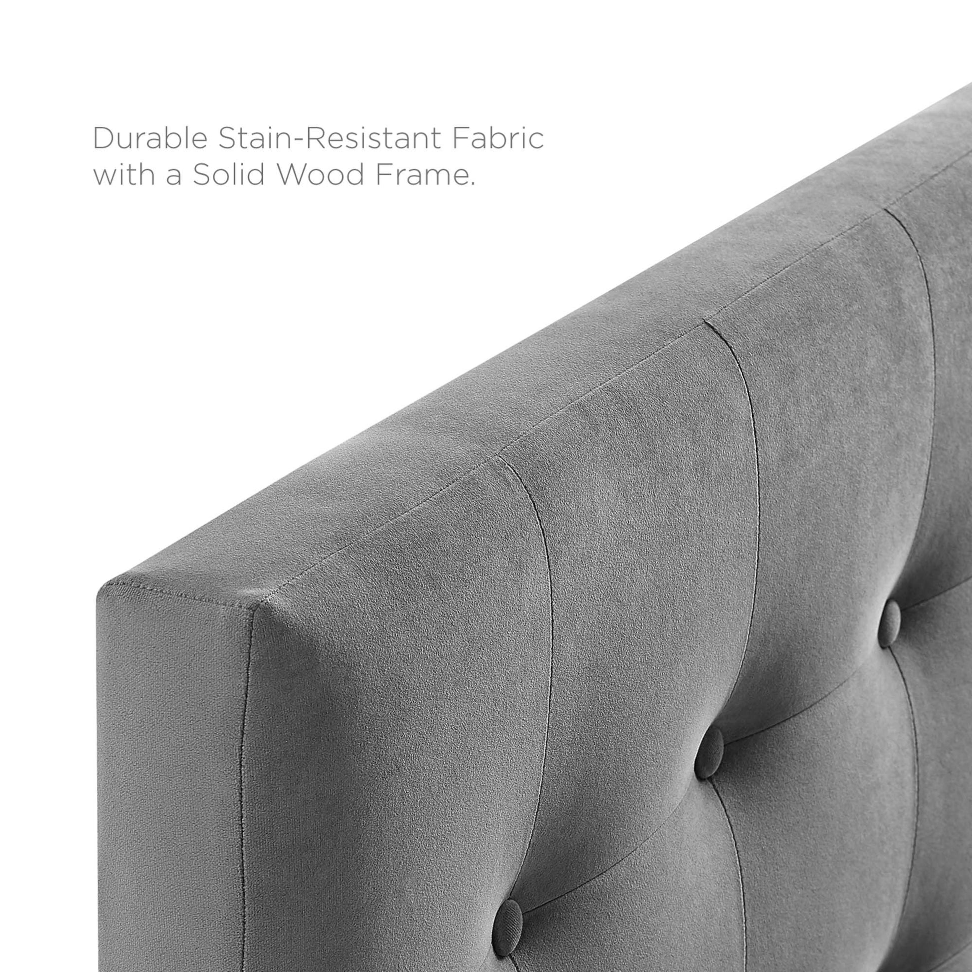 Gray biscuit-tufted performance velvet king headboard with button detailing.