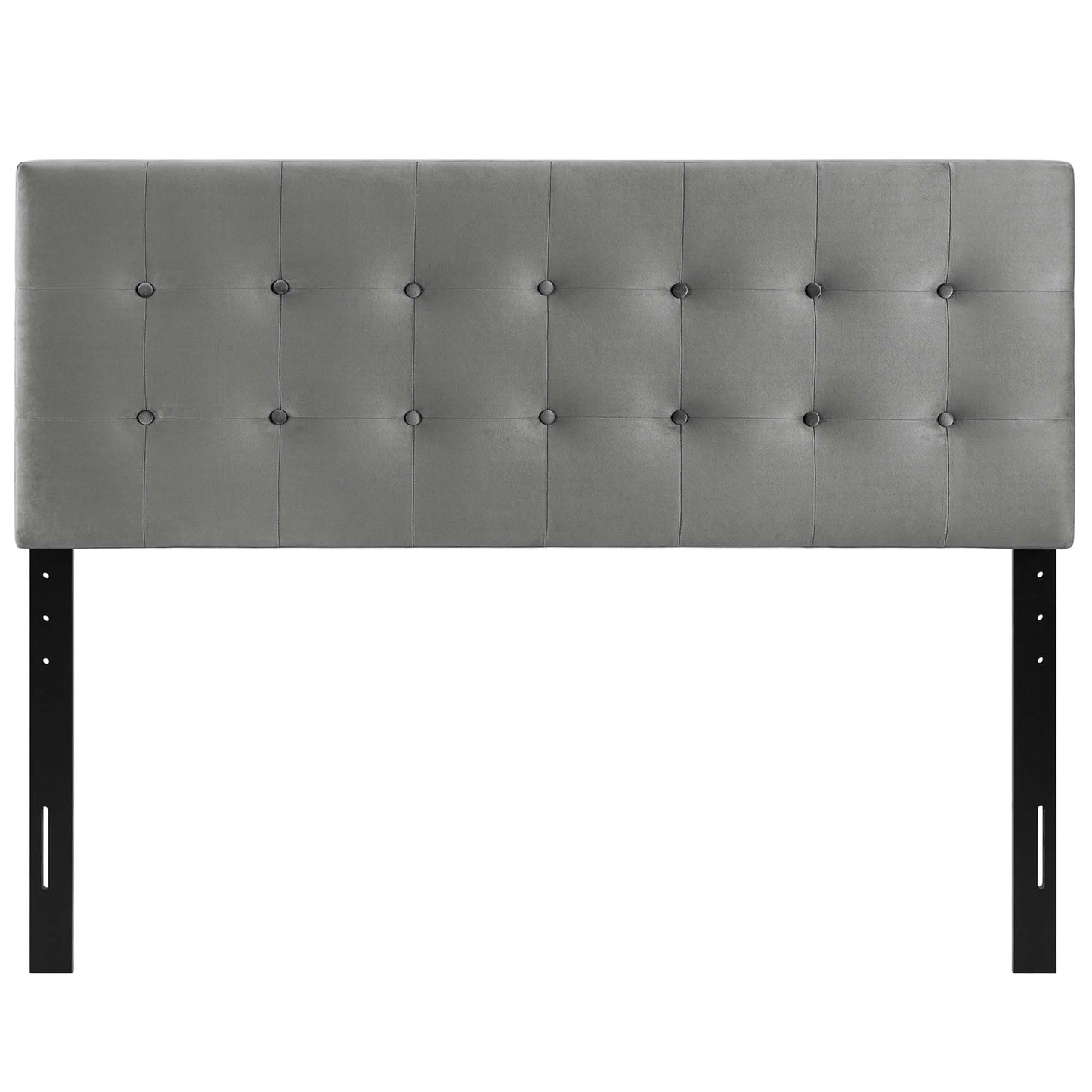 Gray tufted upholstered headboard with a rectangular panel and button grid, supported by black metal legs.