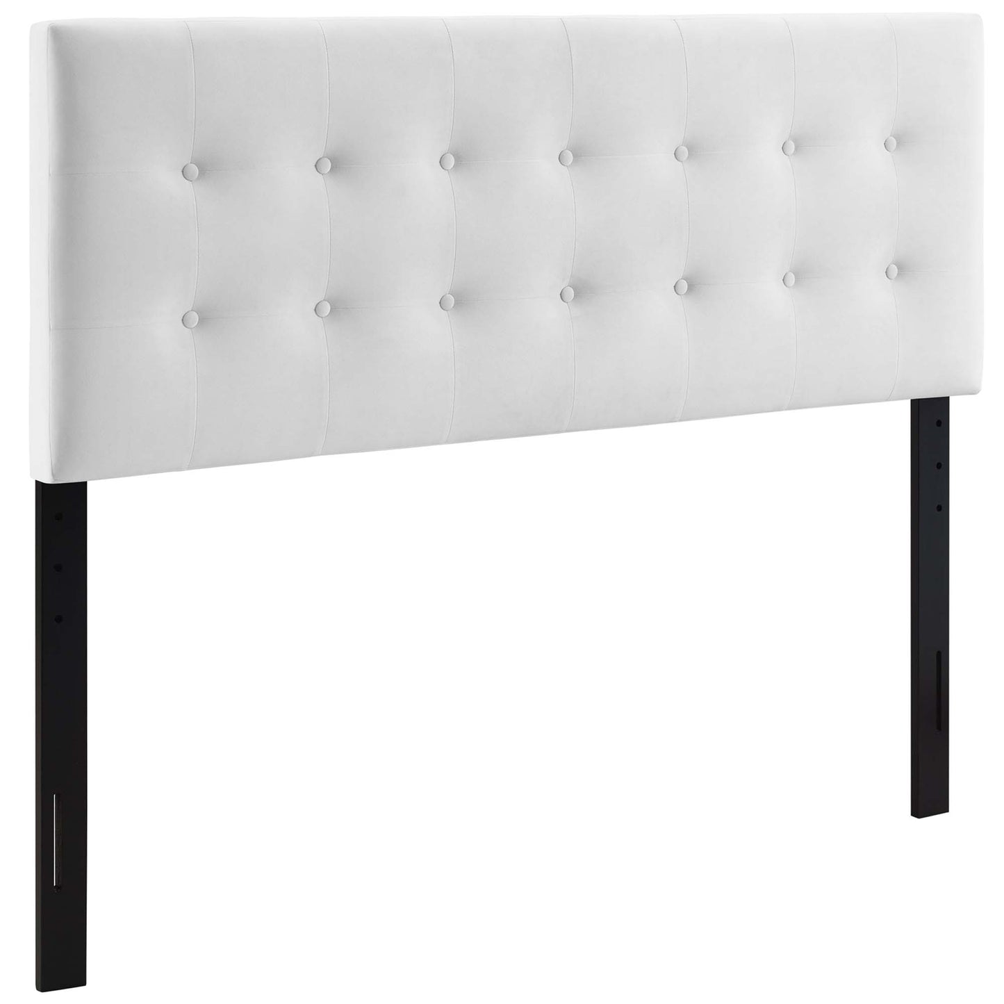 White tufted upholstered headboard with square button studs on black legs, modern bedroom centerpiece.