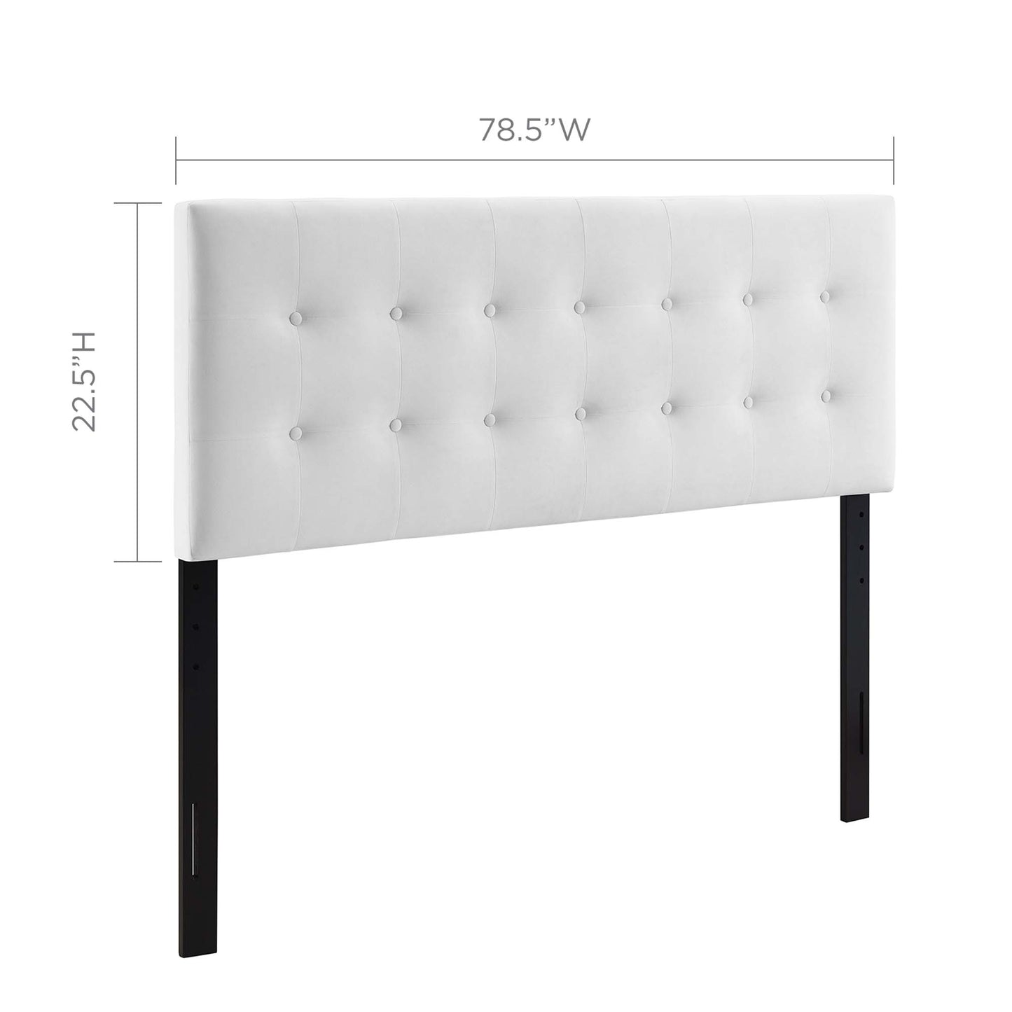 White tufted upholstered headboard with button accents on black metal legs; modern bed accessory, 78.5 inches wide.