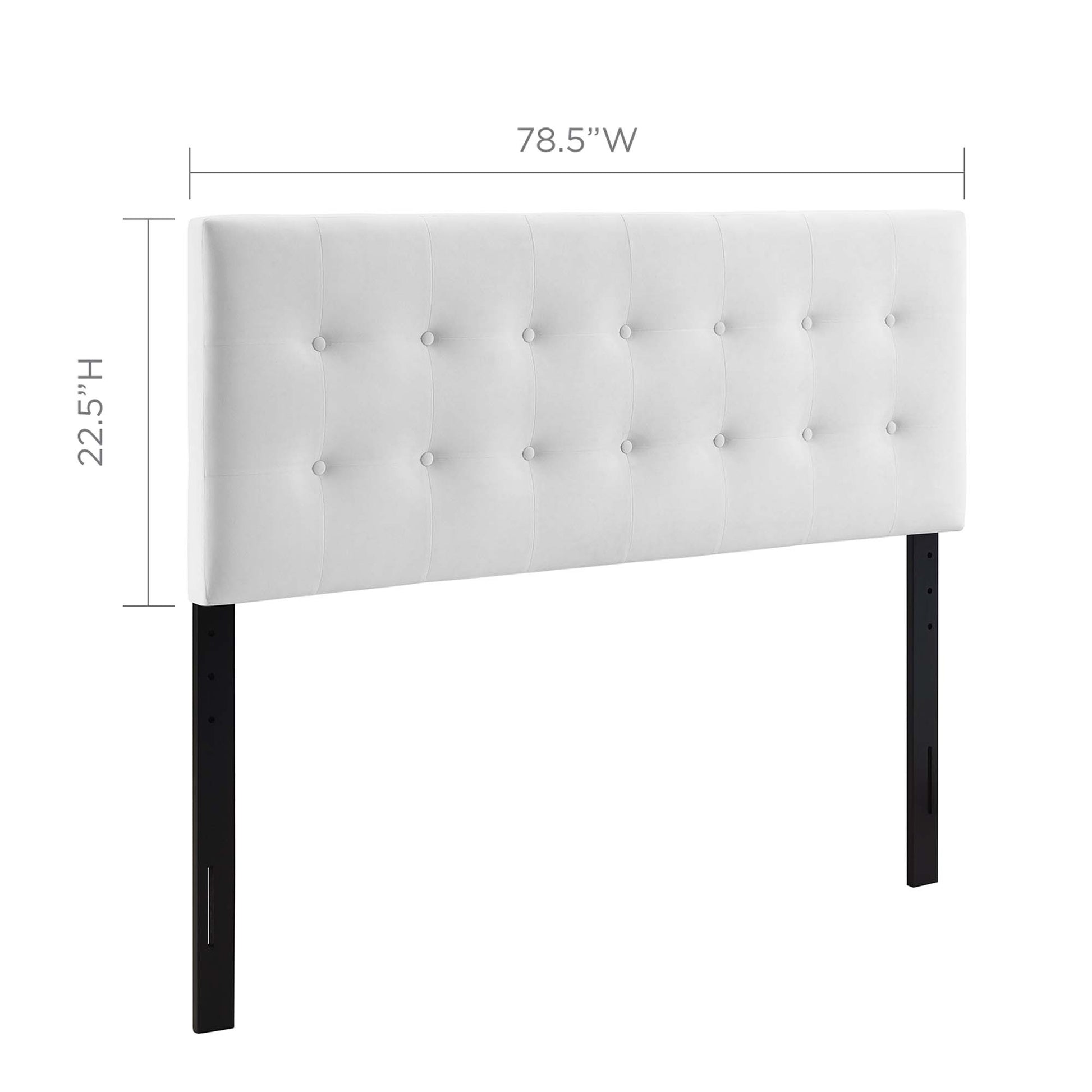 White tufted upholstered headboard with button accents on black metal legs; modern bed accessory, 78.5 inches wide.