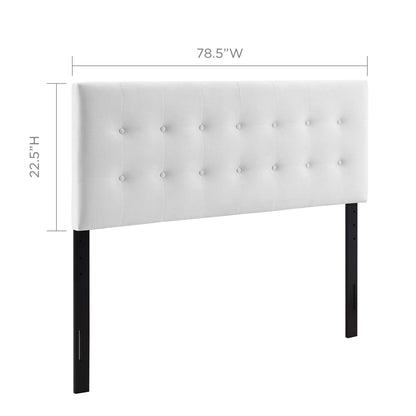 White tufted upholstered headboard with button accents on black metal legs; modern bed accessory, 78.5 inches wide.