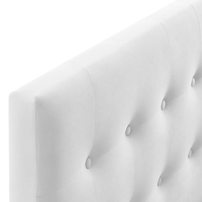 White biscuit-tufted king headboard in performance velvet with button accents.