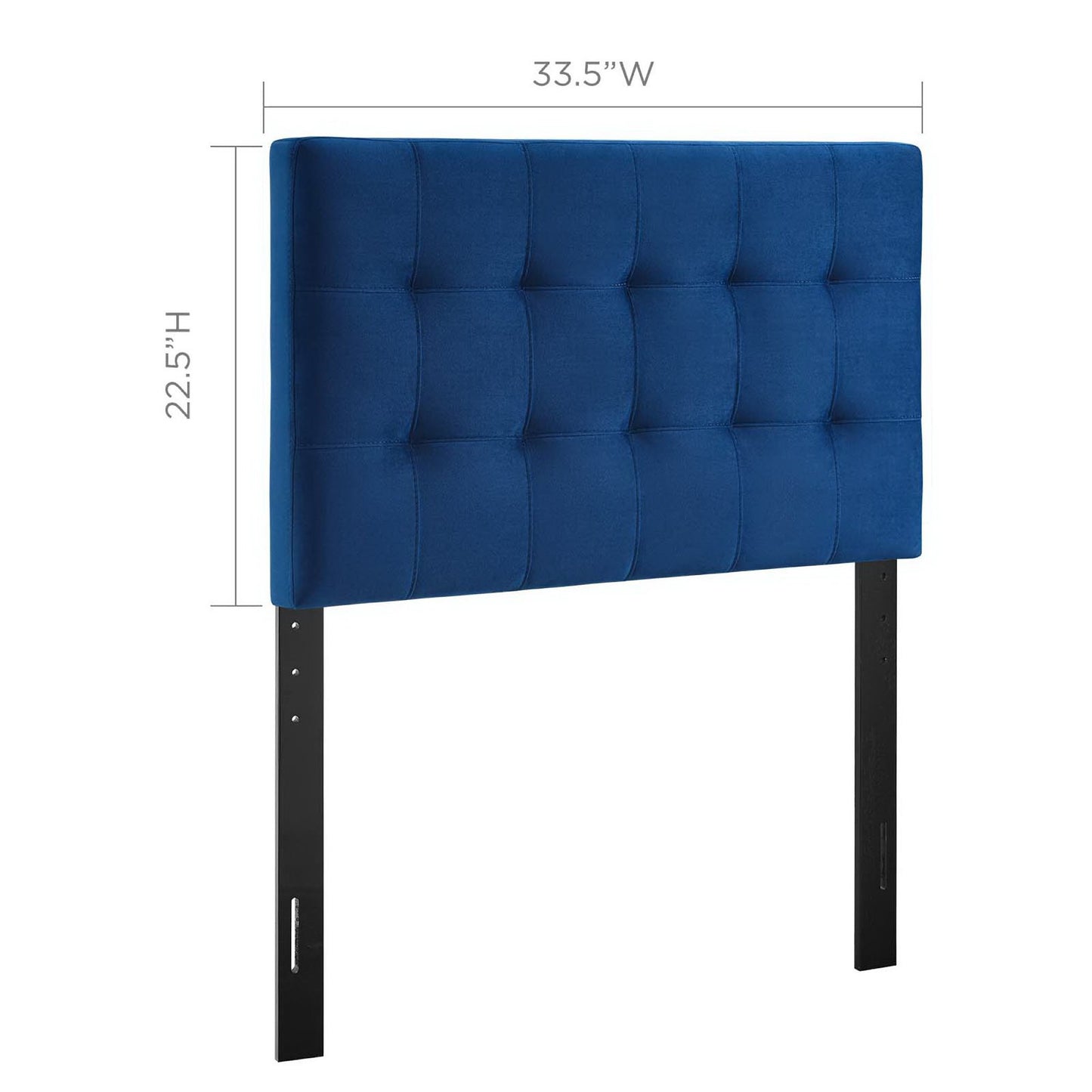 Blue tufted headboard with black metal legs; modern rectangular bed headboard, 33.5W x 22.5H.