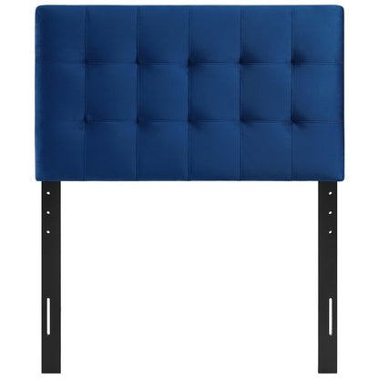 Navy blue velvet upholstered twin headboard with biscuit tufting