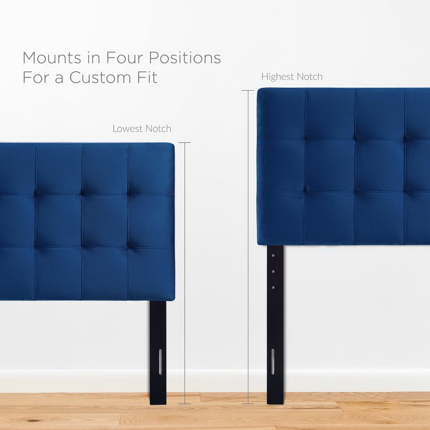 Blue tufted headboard on black adjustable posts with four notch positions for a custom fit.
