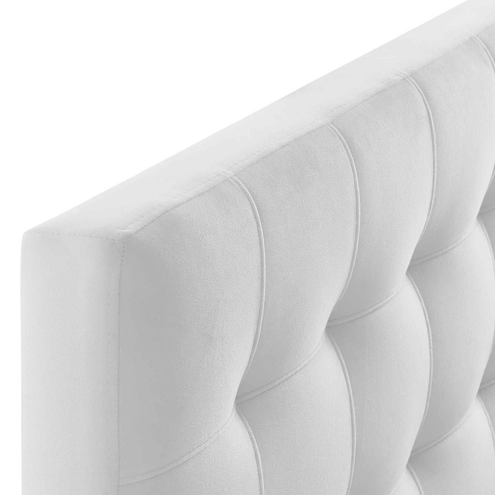 White tufted upholstered headboard with vertical channel tufting; plush fabric, modern headboard.