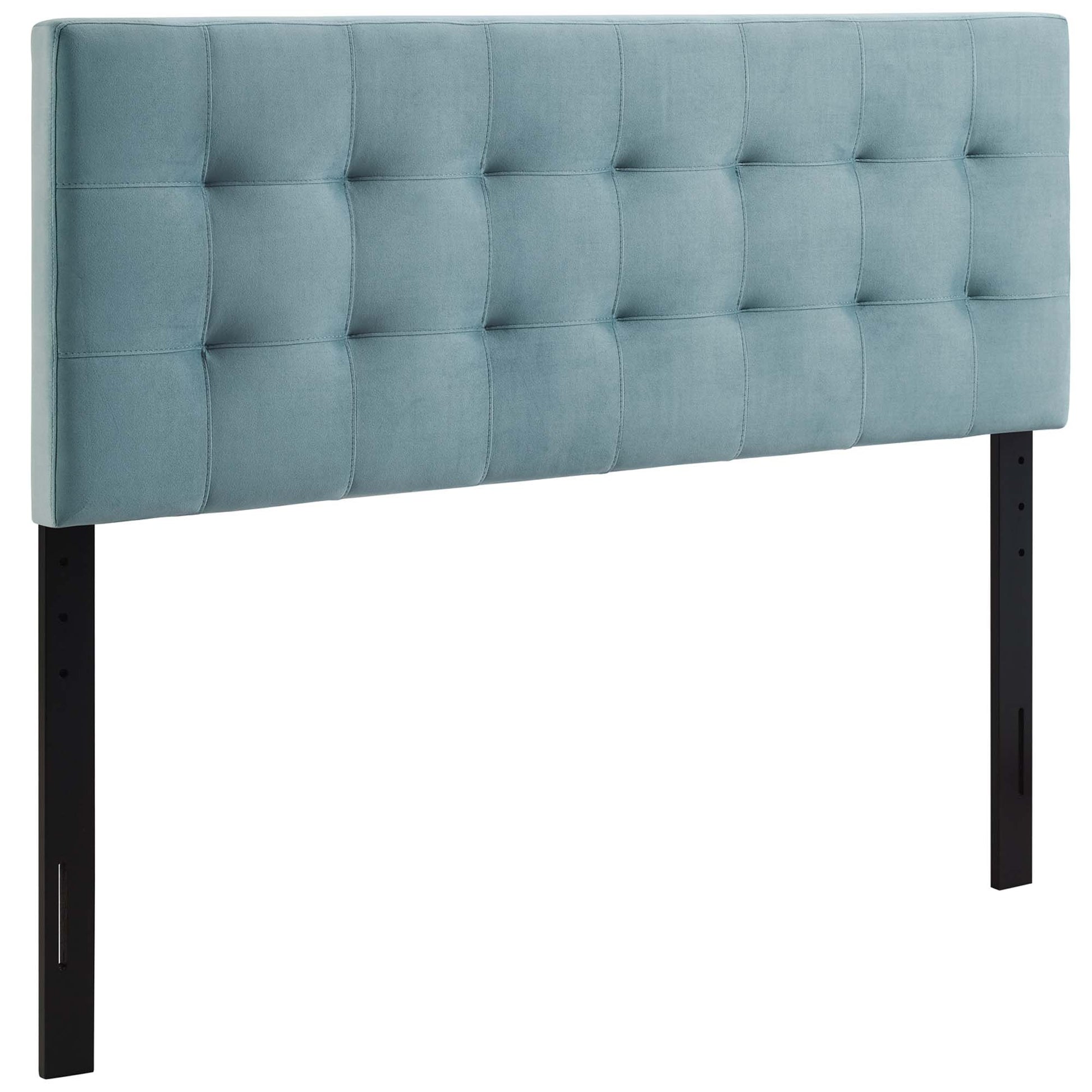 Blue biscuit-tufted velvet full headboard with black metal legs for modern beds.
