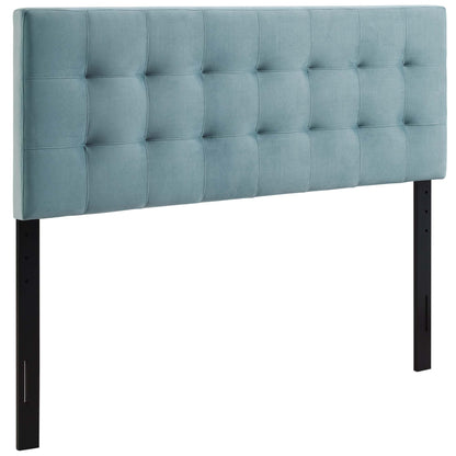Blue biscuit-tufted velvet full headboard with black metal legs for modern beds.