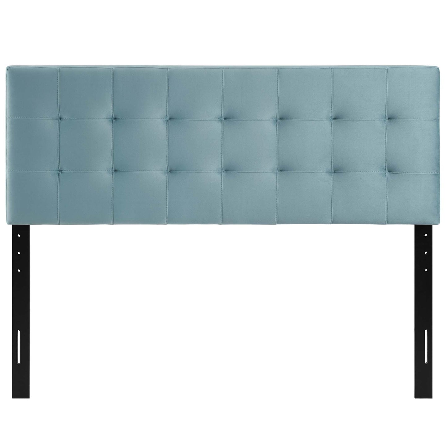 Light blue tufted upholstered headboard with square padding, supported by adjustable black metal legs.