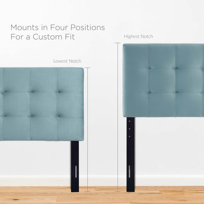Blue biscuit-tufted velvet headboard, full size.