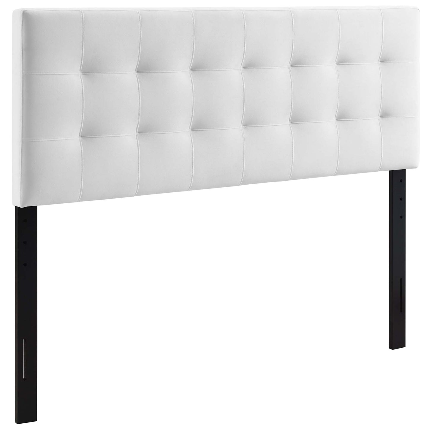 White tufted upholstered headboard with square grid pattern on black metal legs, modern style.