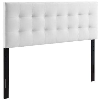 White tufted upholstered headboard with square grid pattern on black metal legs, modern style.