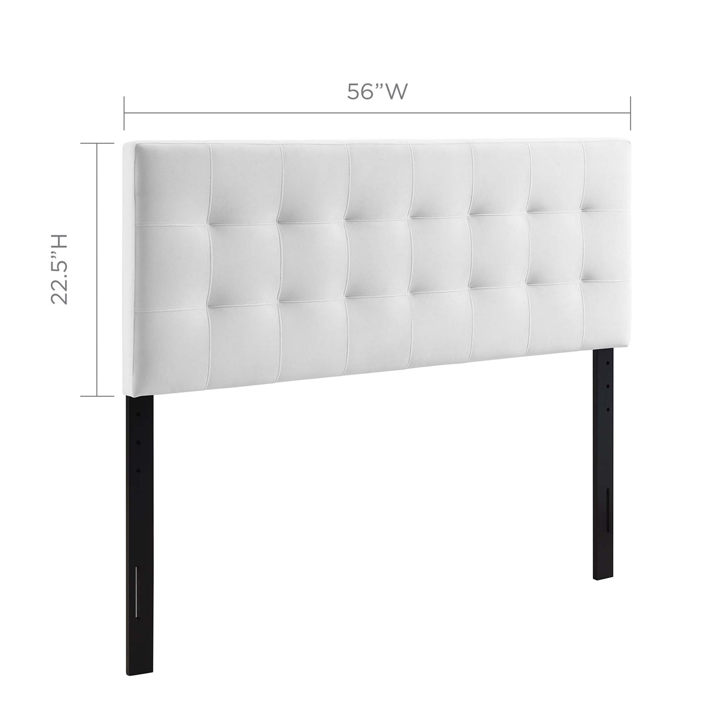 White tufted upholstered headboard with black metal legs; 56W x 22.5H, modern chic for bed frames.