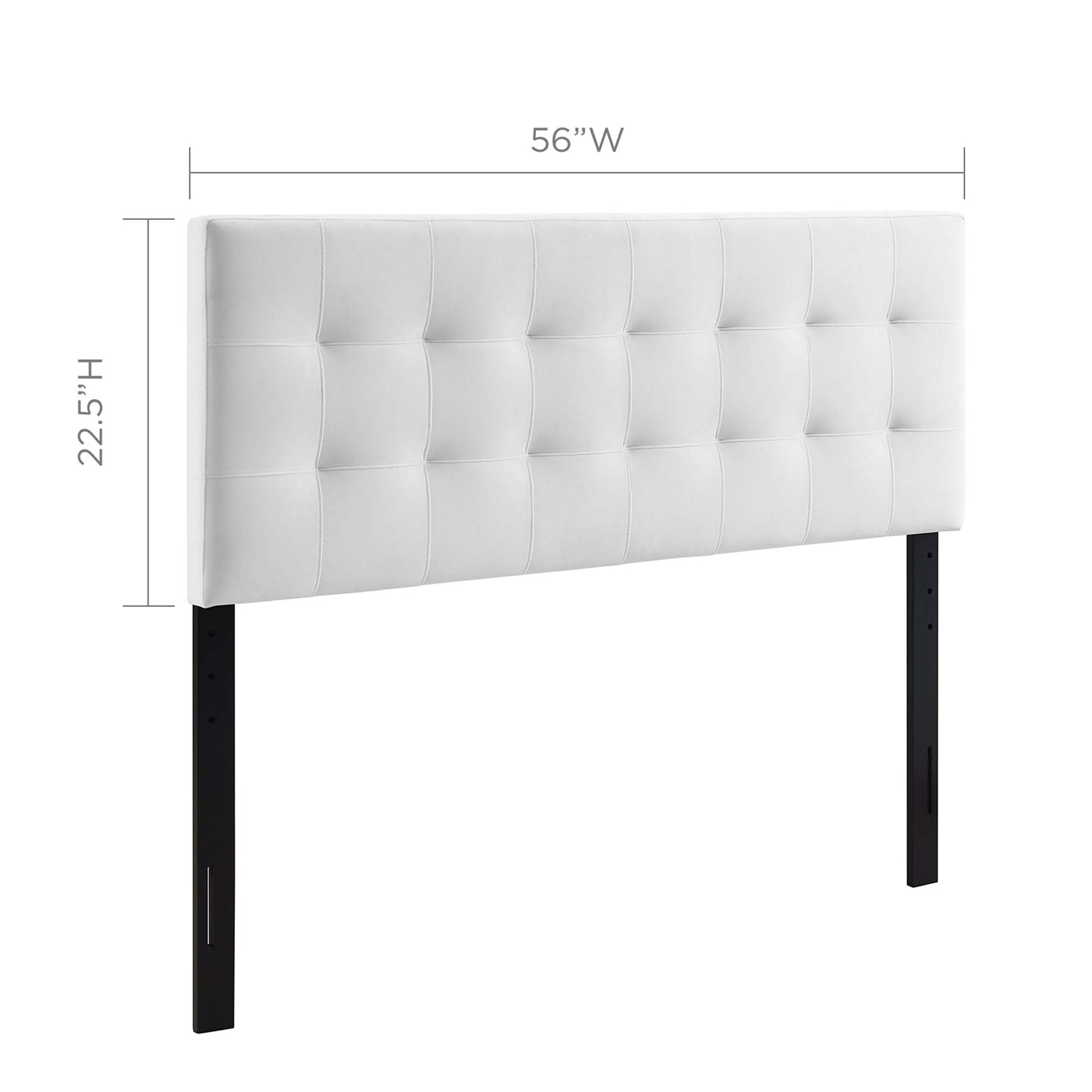 White tufted upholstered headboard with black metal legs; 56W x 22.5H, modern chic for bed frames.
