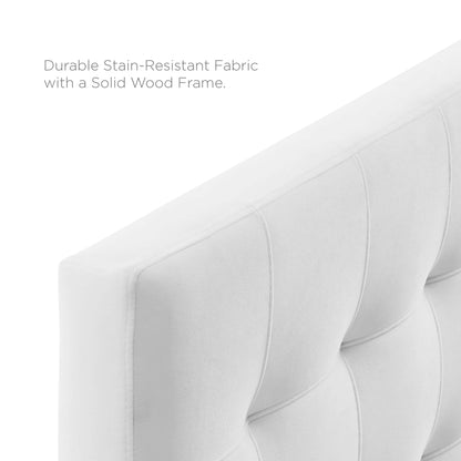 White biscuit-tufted performance velvet headboard with a solid wood frame; close-up of the tufted panel.