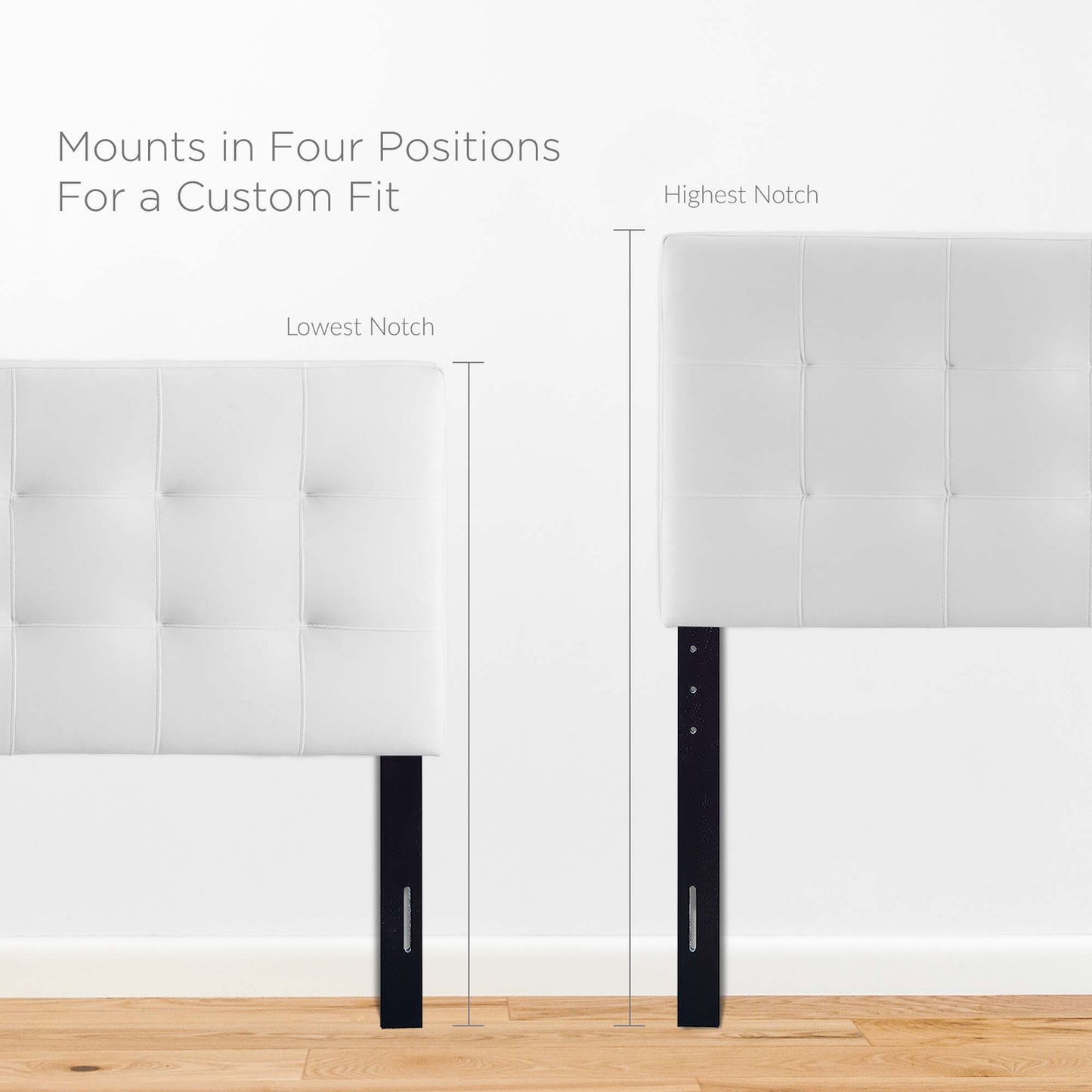 White tufted upholstered headboard with four-position adjustable black metal legs for a custom fit.