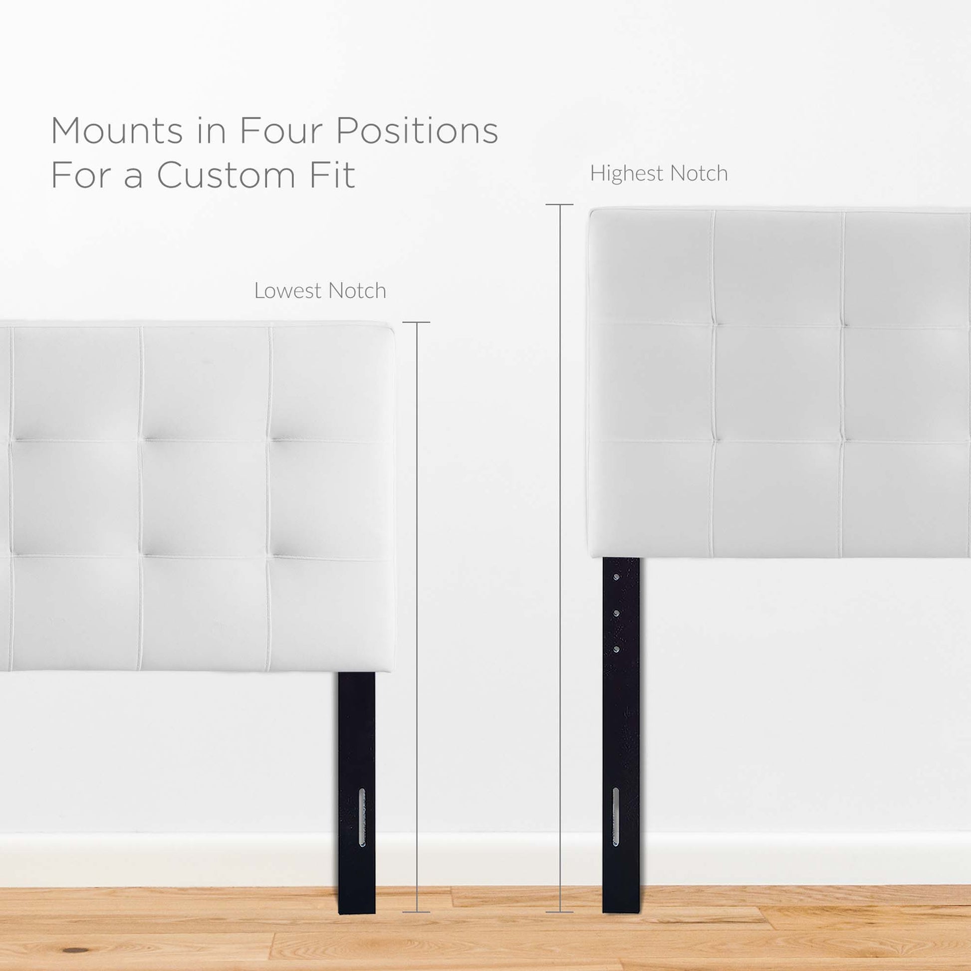 White tufted upholstered headboard with four-position adjustable black metal legs for a custom fit.