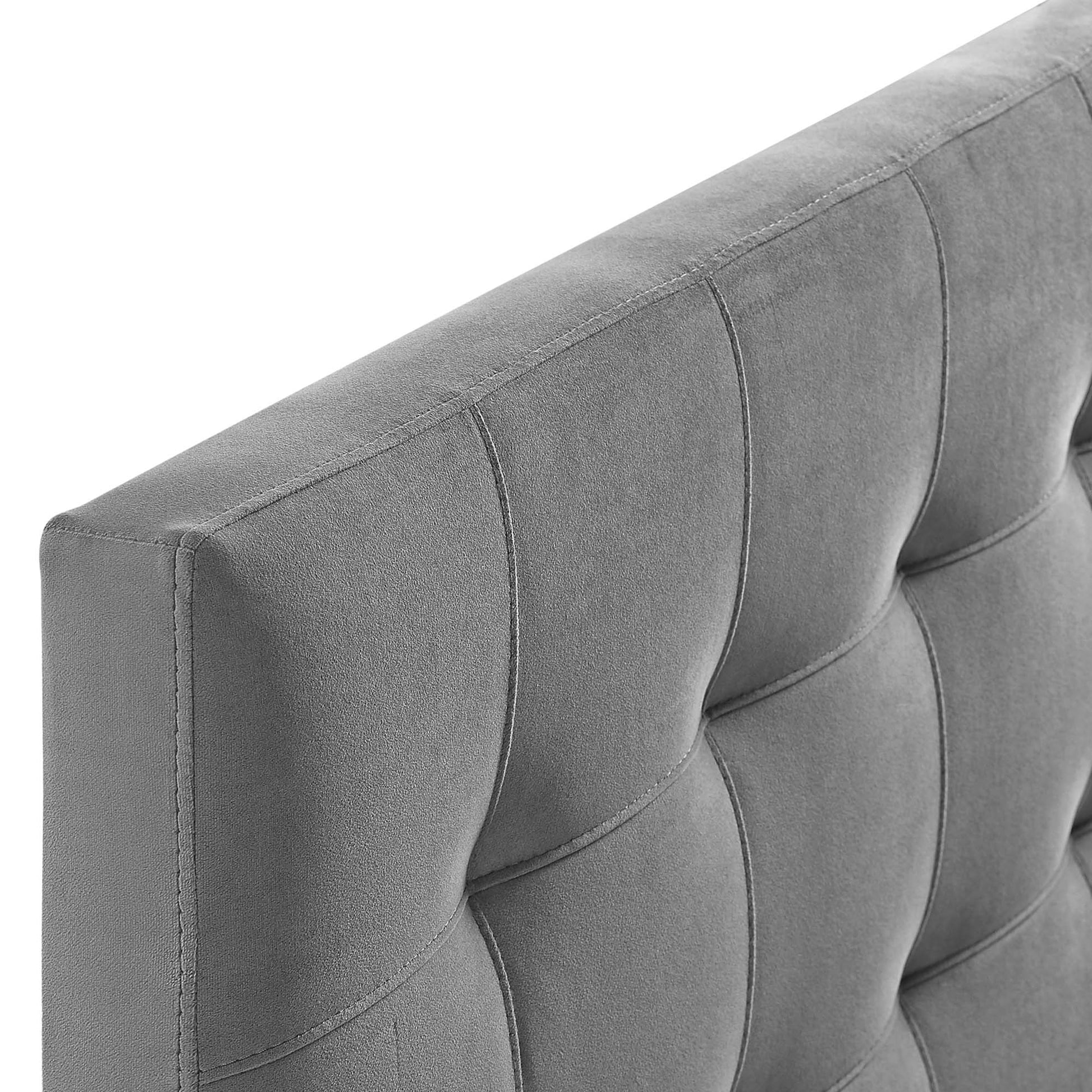 Gray biscuit-tufted performance velvet queen headboard; modern design.