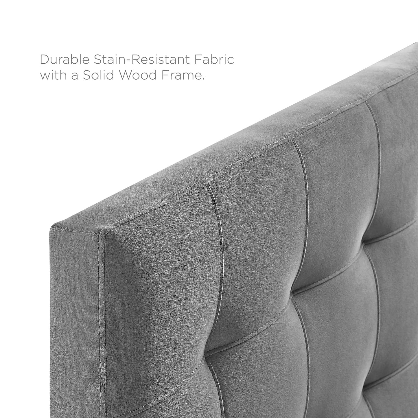 Grey biscuit-tufted performance velvet queen headboard with square tufting.