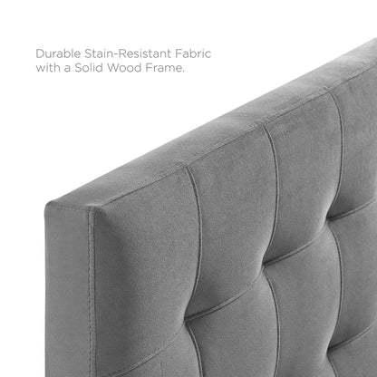 Grey biscuit-tufted performance velvet queen headboard with square tufting.