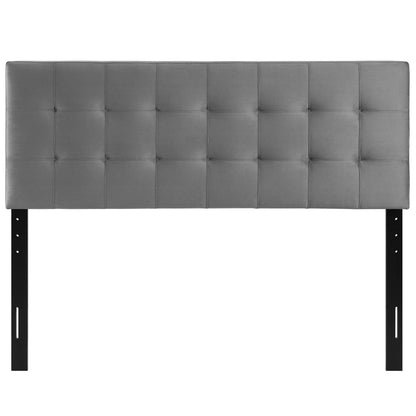 Grey tufted upholstered headboard with square panels and black metal mounting legs.
