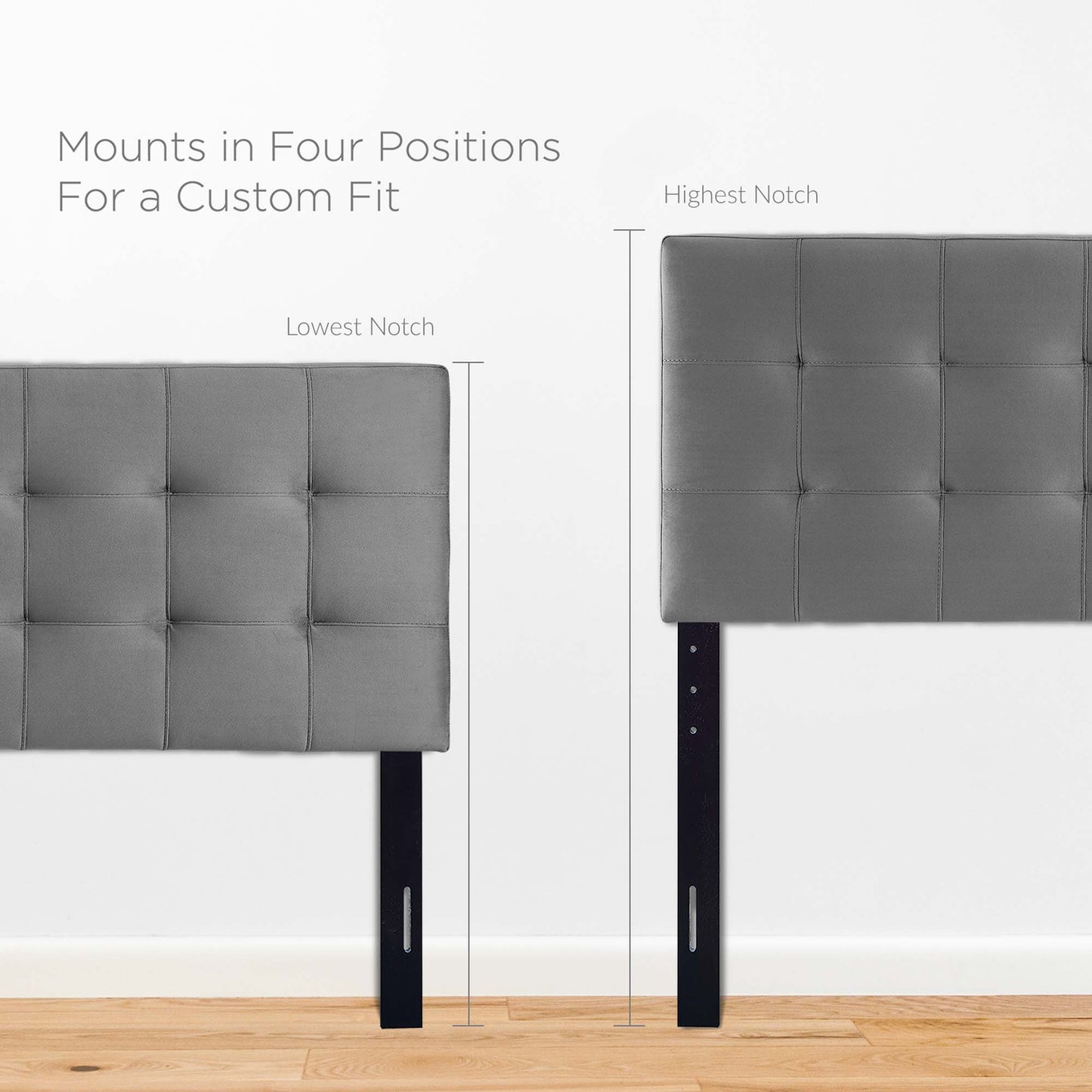 Grey tufted headboard with four-position adjustable mounts for a custom fit.