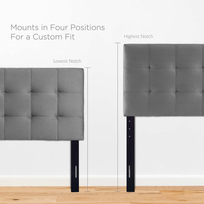 Grey tufted headboard with four-position adjustable mounts for a custom fit.