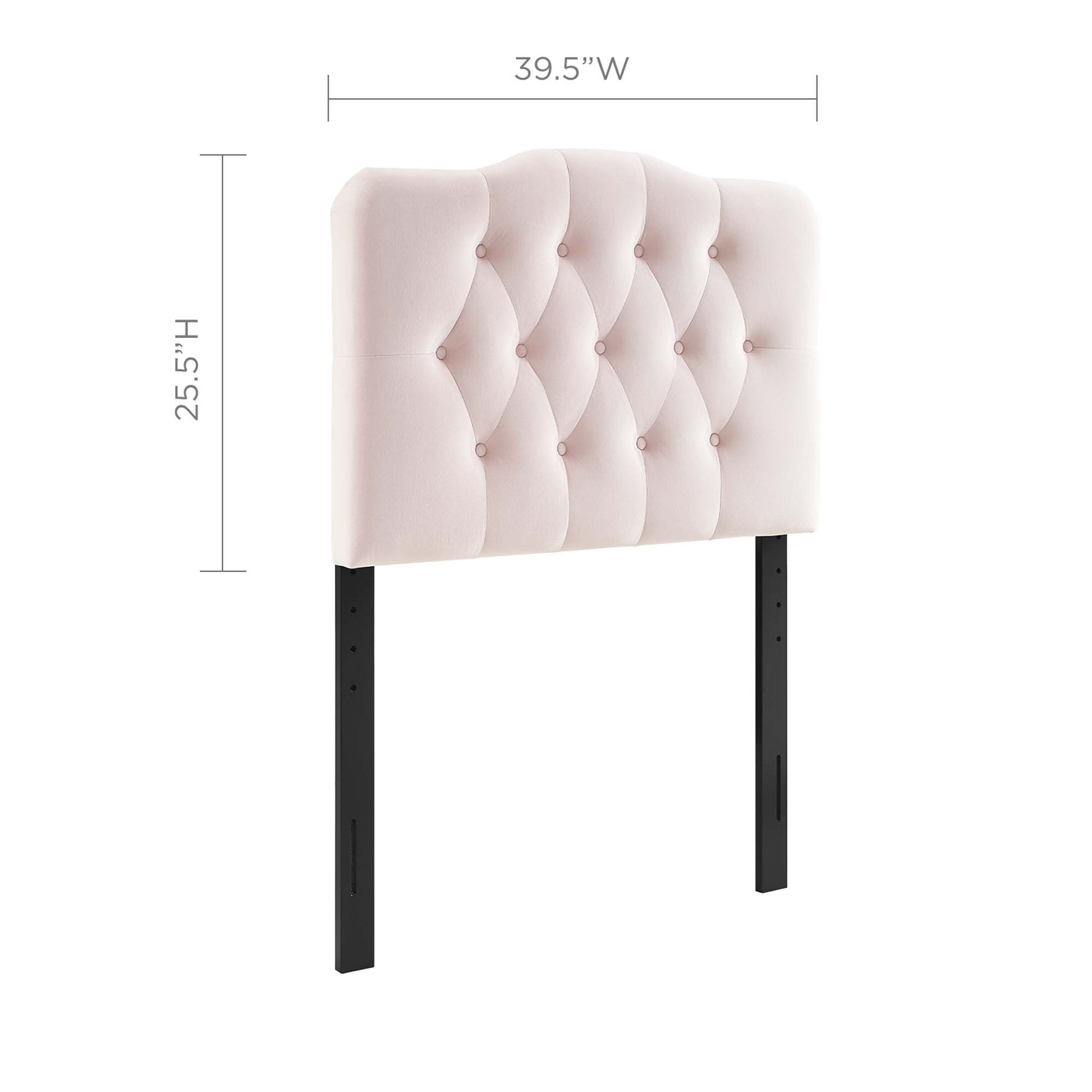 Blush pink tufted velvet twin headboard with diamond buttons, 39.5"W x 25.5"H, supported by black metal legs.