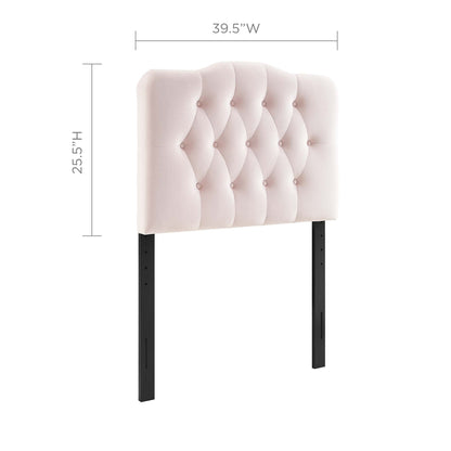 Blush pink tufted velvet twin headboard with diamond buttons, 39.5"W x 25.5"H, supported by black metal legs.