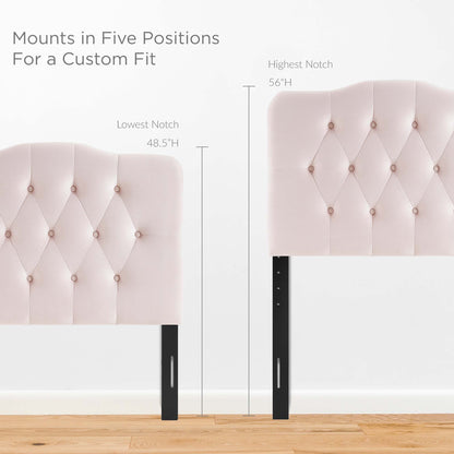Pink diamond-tufted velvet twin headboard with black metal legs; adjustable height via five-position mounts.