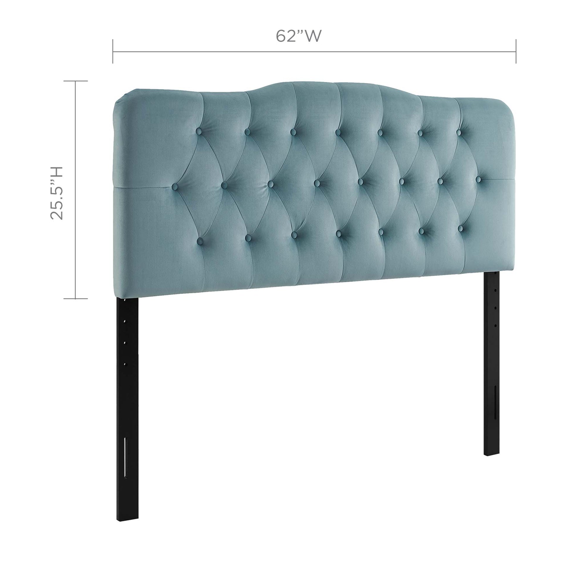 Blue diamond-tufted upholstered queen headboard with black metal legs, 62W x 25.5H.