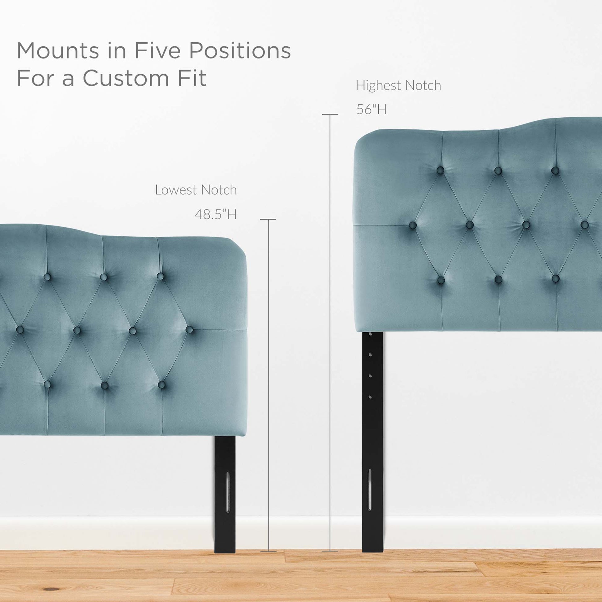 Blue tufted velvet headboard panels with black metal legs; five-position adjustable mounting for bed frames.