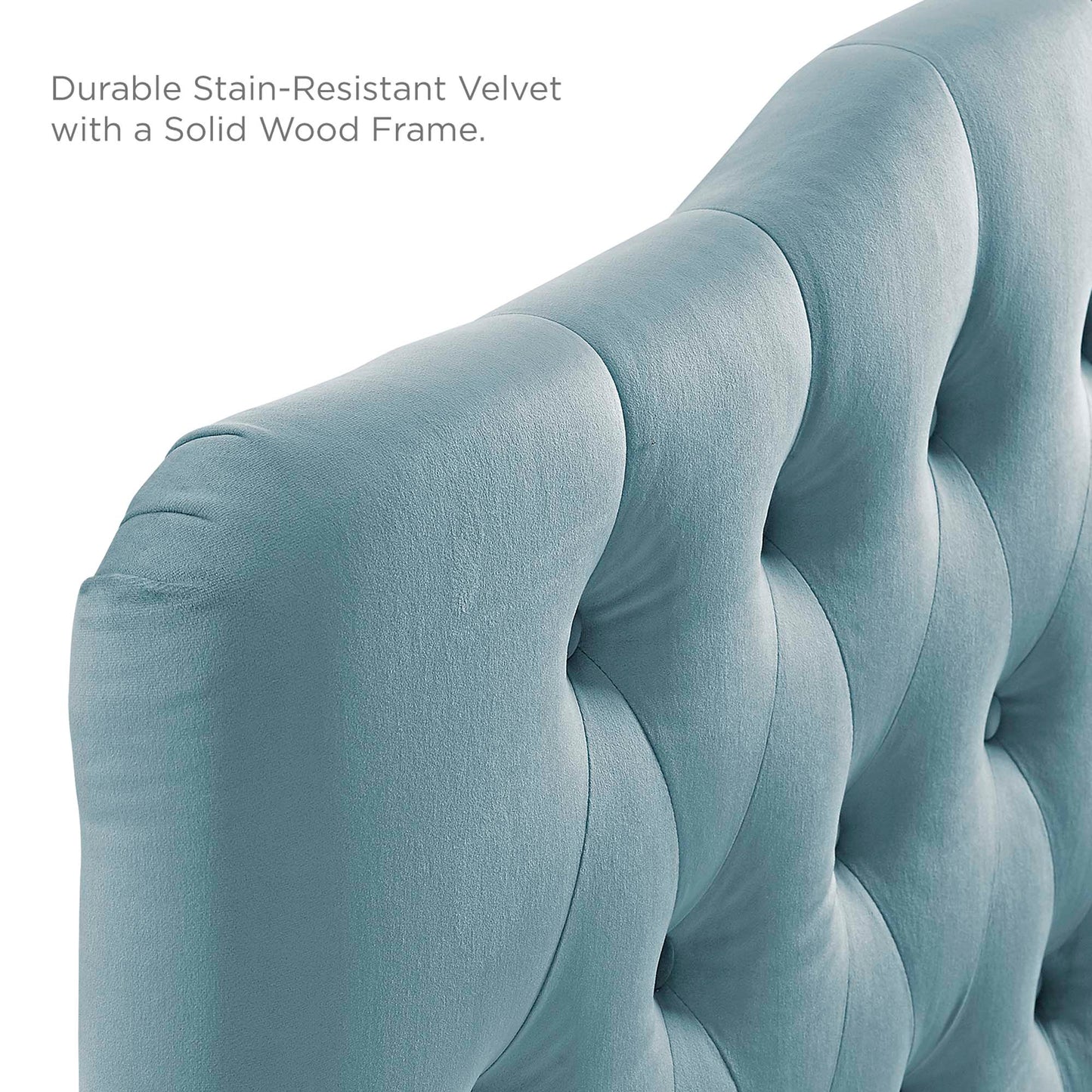 Blue performance velvet headboard with diamond tufting, queen size.