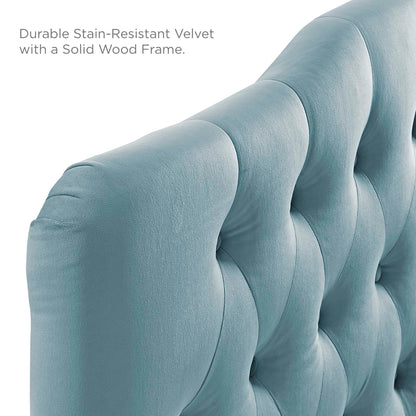 Blue performance velvet headboard with diamond tufting, queen size.