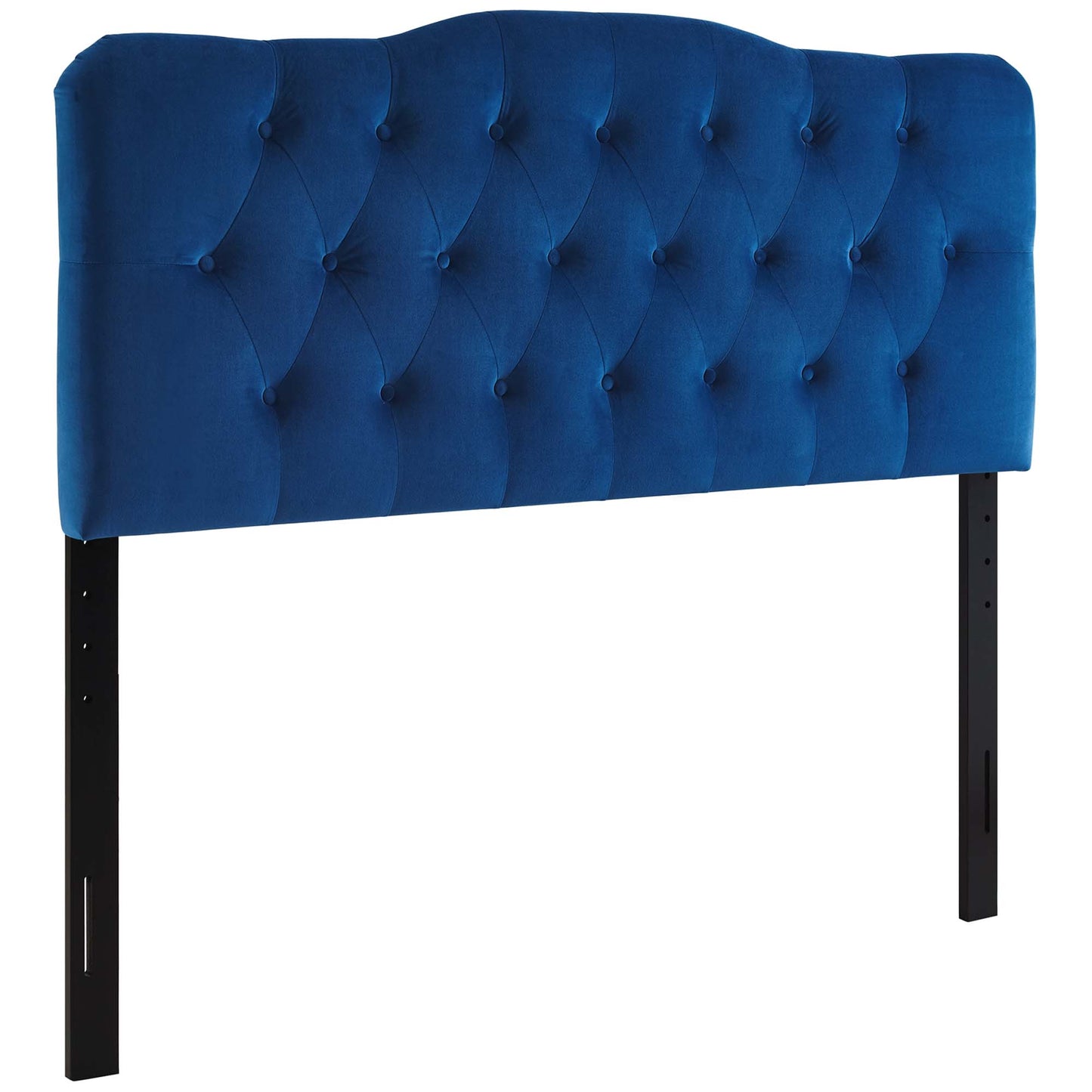 Navy blue tufted velvet headboard with button-tufted detail and black metal legs.