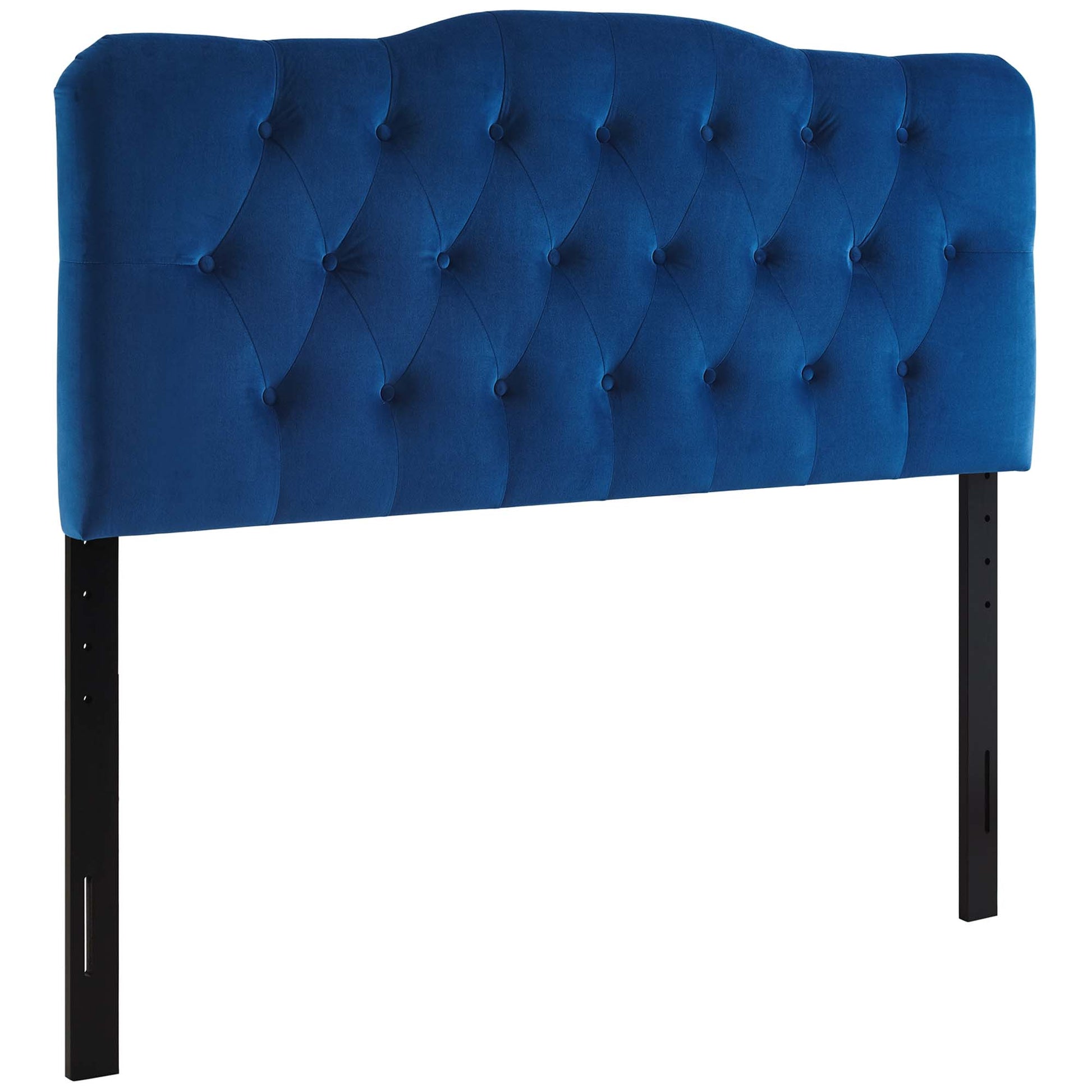 Navy blue tufted velvet headboard with button-tufted detail and black metal legs.